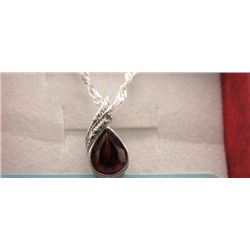 NECKLACE - 1.15CT PEAR FACETED GARNET & DIAMOND IN STERLING SILVER BEZEL SETTING