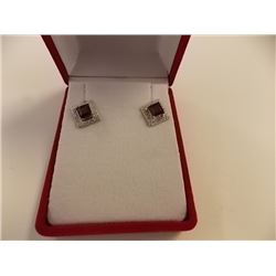 EARRINGS - NEW PRINCESS FACETED GARNET & 2 ROUND FACETED DIAMONDS IN STERLING SILVER SETTING - RETAI