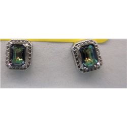 EARRINGS - EMERALD FACETED MYSTIC TOPAZ & DIAMONDS IN STERLING SILVER SETTING - RETAIL ESTIMATE $350