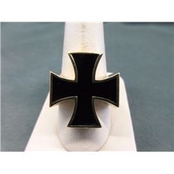 RING - MAN'S SOLID BRONZE & ENAMEL IRON CROSS RING - SIGNED BY ARTIST
