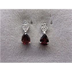 EARRINGS - 2.2 CTW PEAR FACETED GARNET & 2 DIAMONDS IN STERLING SILVER SETTING - RETAIL ESTIMATE $30