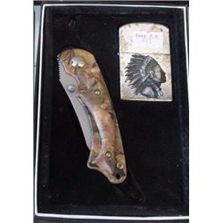 NEW FOLDING KNIFE WITH LIGHTER WITH INDIAN IMAGE