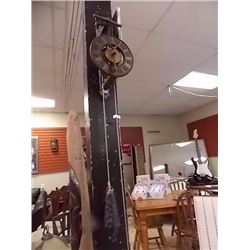FOLK ART WALL CLOCK WITH CAST IRON WEIGHTS