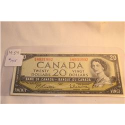 1954 Cdn. Twenty Dollar Bill (Beattie/Rasminsky)