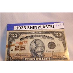 1923 Cdn. Twenty-Five Cent Shinplaster (Saunders)