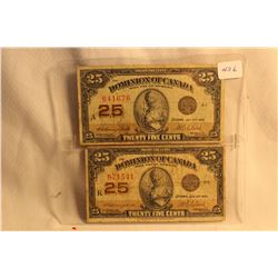 2 - 1923 Cdn. Twenty-Five Cent Shinplasters