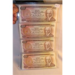 4 - 1975 Cdn. One Hundred Dollar Bills - AJA; AJB; AJC; AJD Sequence