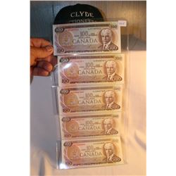 5 - 1975 Cdn. One Hundred Dollar Bills - AJA; AJB; AJC; AJD; AJE Sequence