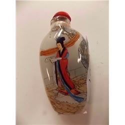 SNUFF BOTTLE - HAND PAINTED - WITH LID - LADY WITH RED & BLUE DRESS