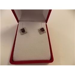 EARRINGS - NEW PRINCESS FACETED GARNET & 2 ROUND FACETED DIAMONDS IN STERLING SILVER SETTING - RETAI