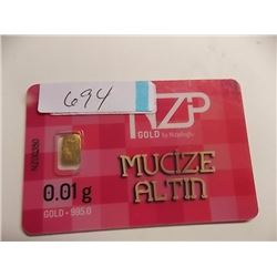 INVESTOR BAR - .995 GOLD 0.01 GRAM EACH - MINT SEALED BY NZP WITH SERIAL NUMBERED & CERTIFIED AUTHEN