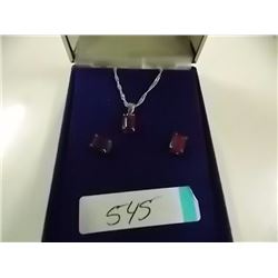NECKLACE & EARRINGS SET - EMERALD FACETED RUBY IN STERLING SILVER SETTING WITH PLATINUM OVERLAY - IN