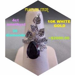 *** FEATURE ITEM *** RING - 4 CT PEAR FACETED AMETHYST & 36 DIAMONDS IN 10K WHITE GOLD VINE & LEAF D