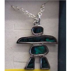NECKLACE - INUKSHUK DESIGNED STERLING SILVER PENDANT WITH STERLING SILVER CHAIN - GEMSTONE INLAID - 
