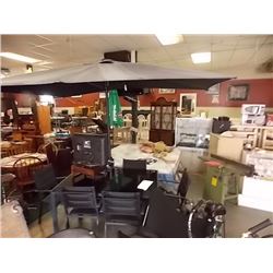 BLACK GLASS TOP PATIO TABLE, 6 CHAIRS & UMBRELLA