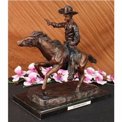 Cowboy Charges Bronze Sculpture on Marble Base Statue