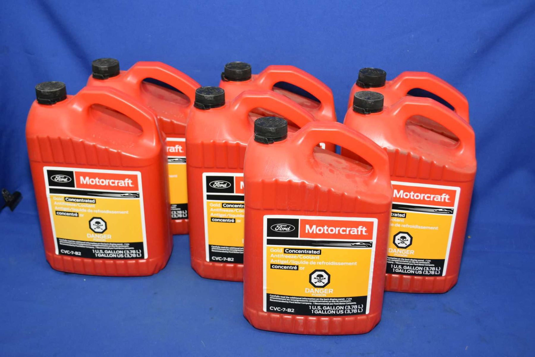 Seven 3.78ltr. jugs of Motorcraft gold concentrated antifreeze/coolant