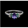Image 2 : 14KT White Gold 0.59 ctw Tanzanite, Emerald and Diamond Ring