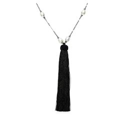 12mm Pearl Silk Tassel Necklace - Rhodium Plated