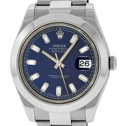 Rolex Mens SS 41MM Blue Baguette Diamond Datejust 2 Oyster Band Wristwatch