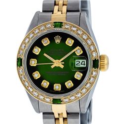 Rolex Ladies 2T Green Vignette Emerald And Diamond Datejust Wristwatch