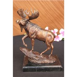 Male Moose Hunting Bronze Sculpture on Marble Base Statue