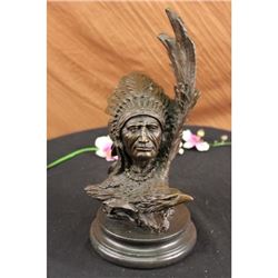 Native American With Eagle Bronze Statue on Marble Base Sculpture