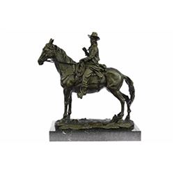 Tribute Cowboy Riding Horse Bronze Sculpture on Marble Base Statue