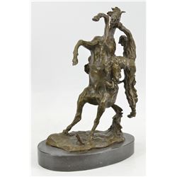 Country Western Cowboy Horse Ranch Bronze Sculpture on Marble Base Statue