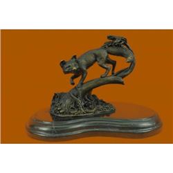 Fox Wild Animal Bronze Statue on Marble Base Sculpture