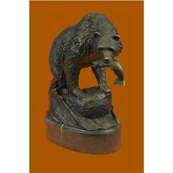 Young Bear With Catch of The Day Bronze Sculpture on Marble Base Statue