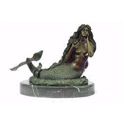 Nude mermaid with green patina Bronze Sculpture on Mrble Base