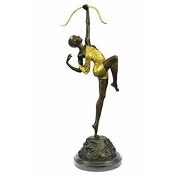 Gold Patina Female Archer Bronze Sculpture Marble Base Figurine