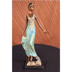 Portrait Bust Woman Bronze Figurine on Marble Base Statue