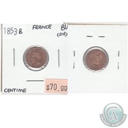 1853B France Centime Brilliant Uncirculated (MS-62 to MS-64) Condition (scratch)