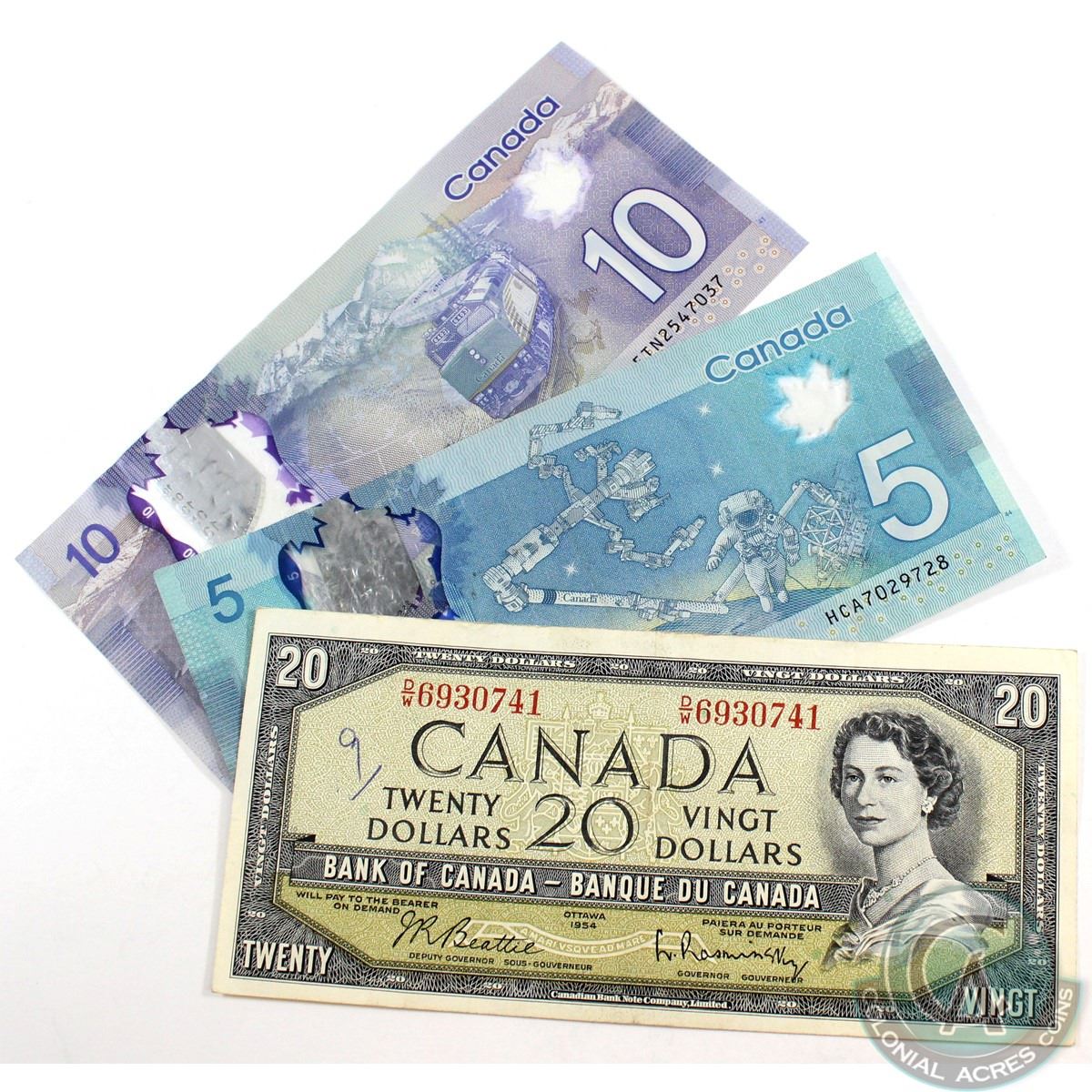Canda Note Group Lot of 3x Canadian Banknotes. Included is a 1954 $20, a 2013 $10 ...