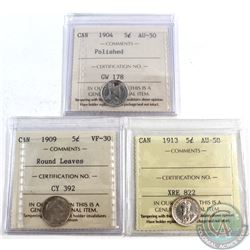 Lot of 3x Canada 5-cent ICCS Certified; 1904 5-cents AU-50 (polished), 1909 Round Leaves VF-30 & 191