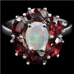 Natural White Opal and Rhodolite Garnet Ring