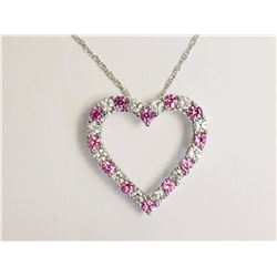 Sterling Silver Created Pink Sapphire & Cubic Zirconia Heart Shape Pendant With Chain Necklace Retai