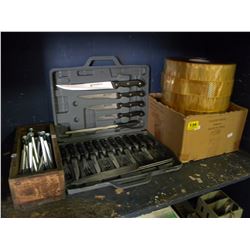BOX OF 10" SCREWS & STAINLESS KNIFE SET/6 LARGE ROLLS OF TAPE