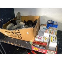 LARGE BOX OF SWIVEL DOLLY/BOX OF MISC SCREWS