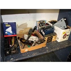 SHELF OF MISC SCREW DRIVERS/HAMMER/LIGHTS/CABLES/E LECTRONICS/ETC