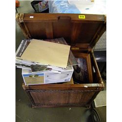 RATANNED & WOOD CHEST WITH CONTENTS