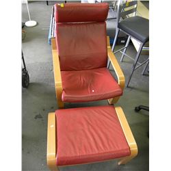 RED LEATHER IKEA STYLE SPRING LOADED CHAIR & MATCHING FOOT STOOL
