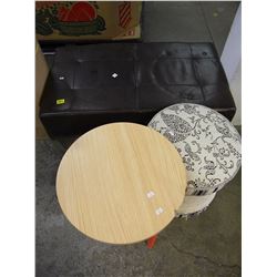 LARGE LEATHER FOOTSTOOL/CLOTH AND WOOD END TABLE