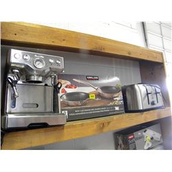 TOASTER/BREVILLE COFFEE MAKER/BOX OF STAINLESS SKILLETS