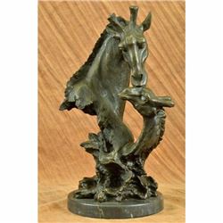 African Giraffe with Cub Bronze Sculpture Bust on Marble Base Figure