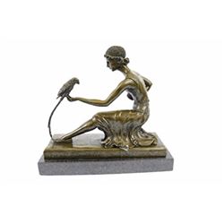 Art Deco Lady and the Parrot Bronze Figurine on Marble Base Sculpture