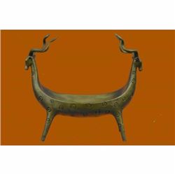 Large Handcrafted Two Rams Head Candy Dish Bronze Sculpture