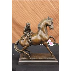 15" French Bronze Eximous Monkey Sit Horse Statue
